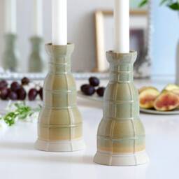 Pair Of Shabbat Candlesticks, Ceramic With Mint Glaze, Early Bird Sale, 3D Printed Clay Candleholders, Checkered Grid Pattern, Pop Style