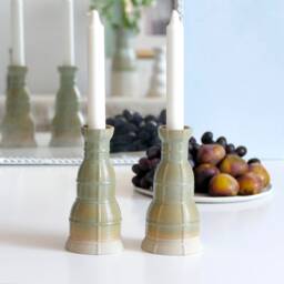 Pair Of Shabbat Candlesticks, Ceramic With Mint Glaze, Early Bird Sale, 3D Printed Clay Candleholders, Checkered Grid Pattern, Pop Style - thumbnail 2