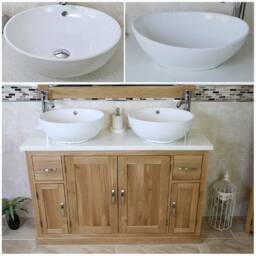 Oak Bathroom Vanity Unit 123cm Wide With White Marble Top & Ceramic Basin Set 402Wmcbcx2 - thumbnail 2