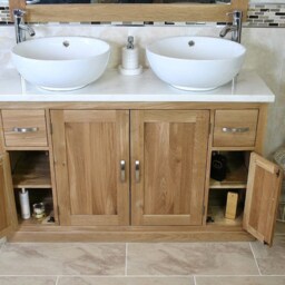 Oak Bathroom Vanity Unit 123cm Wide With White Marble Top & Ceramic Basin Set 402Wmcbcx2 - thumbnail 3