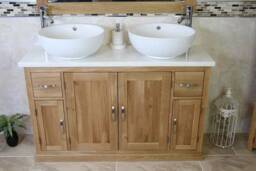 Oak Bathroom Vanity Unit 123cm Wide With White Marble Top & Ceramic Basin Set 402Wmcbcx2