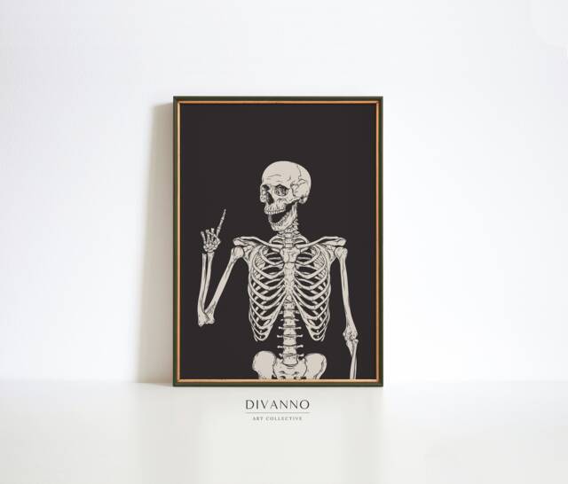Happy Skeleton Print, Halloween Party Wall Decor, Funny Gothic Art Apartment Poster, Gesturing Art, Trick Or Treat Gift - image 1