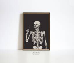 Happy Skeleton Print, Halloween Party Wall Decor, Funny Gothic Art Apartment Poster, Gesturing Art, Trick Or Treat Gift - thumbnail 1