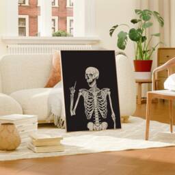 Happy Skeleton Print, Halloween Party Wall Decor, Funny Gothic Art Apartment Poster, Gesturing Art, Trick Or Treat Gift - thumbnail 2