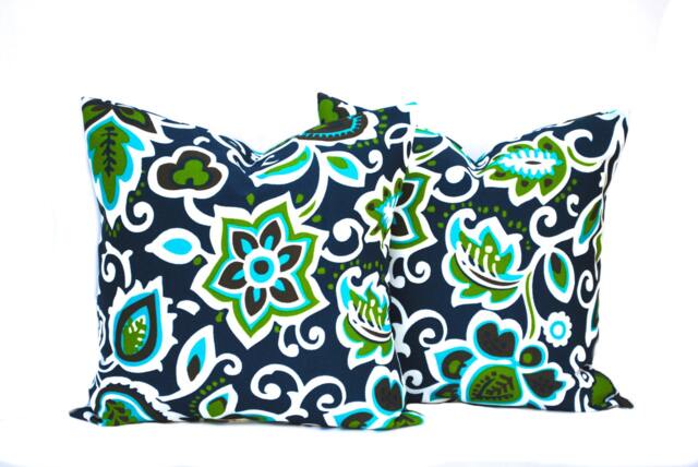2 Outdoor Pillow Covers, Cushion, Decorative Throw Pillow, Navy Accent Floral - image 1