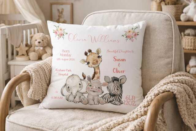 Personalised Safari Baby Cushion, Custom Birth Details Pillow, Nursery Decor - image 1