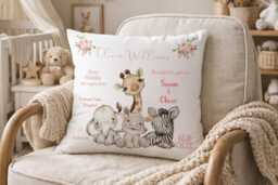 Personalised Safari Baby Cushion, Custom Birth Details Pillow, Nursery Decor