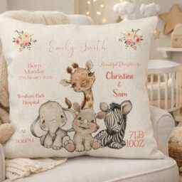 Personalised Safari Baby Cushion, Custom Birth Details Pillow, Nursery Decor - thumbnail 2