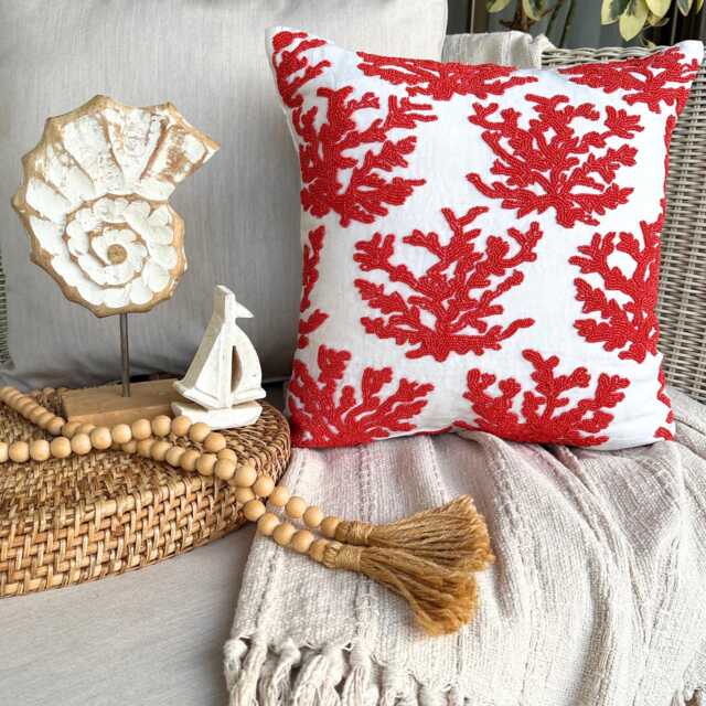 Red Cotton Linen, Beaded Sea Creatures Pattern, Beach Style Throw Pillow Cover/Euro Sham - Corals - image 1