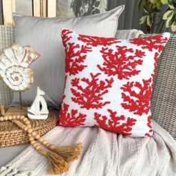 Red Cotton Linen, Beaded Sea Creatures Pattern, Beach Style Throw Pillow Cover/Euro Sham - Corals - thumbnail 3