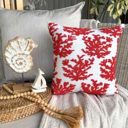 Red Cotton Linen, Beaded Sea Creatures Pattern, Beach Style Throw Pillow Cover/Euro Sham - Corals - thumbnail 2