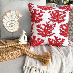 Red Cotton Linen, Beaded Sea Creatures Pattern, Beach Style Throw Pillow Cover/Euro Sham - Corals - thumbnail 1