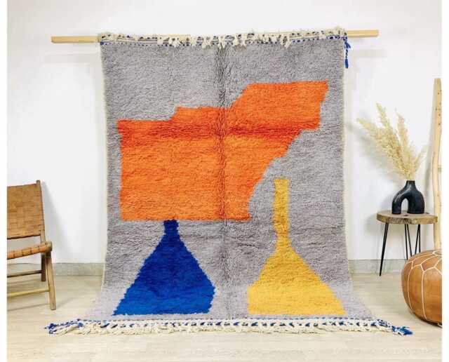 Grey Moroccan Rug, Abstract Orange Berber Shag Rug Large Area Modernist Earth Tone Decor - image 1