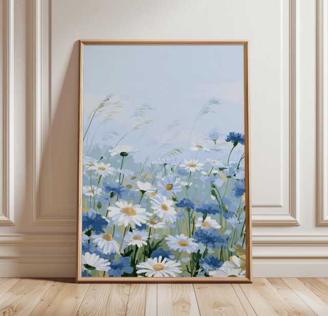 Blue Daisy Meadow Poster, Wildflower Print, Botanical Wall Art - image 1