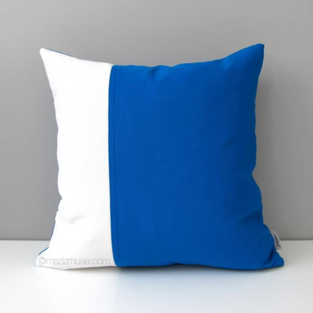 Cobalt Blue & White Outdoor Sunbrella?? Pillow Cover in Modern Color Block, Pacific Throw Cushions For Pool Loungers, Deck & Patio - image 1
