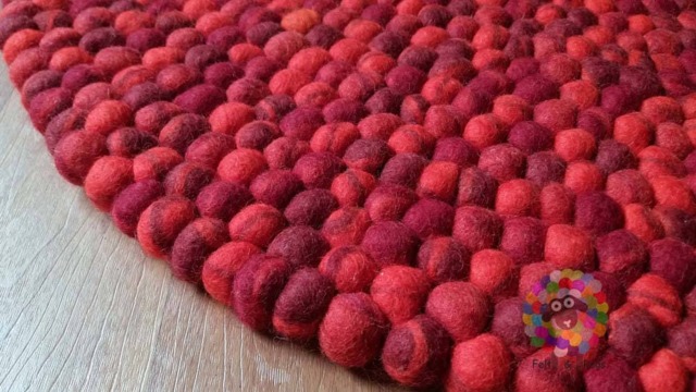 Round Felt Ball Rug, Tie Dye Pom Pom, Red Tone Wool, Nursery Deco - image 1
