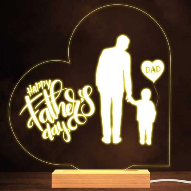 Happy Father's Day Man Silhouette With A Son Personalised Warm White Night Light - Gift Bedroom Lamp - image 1