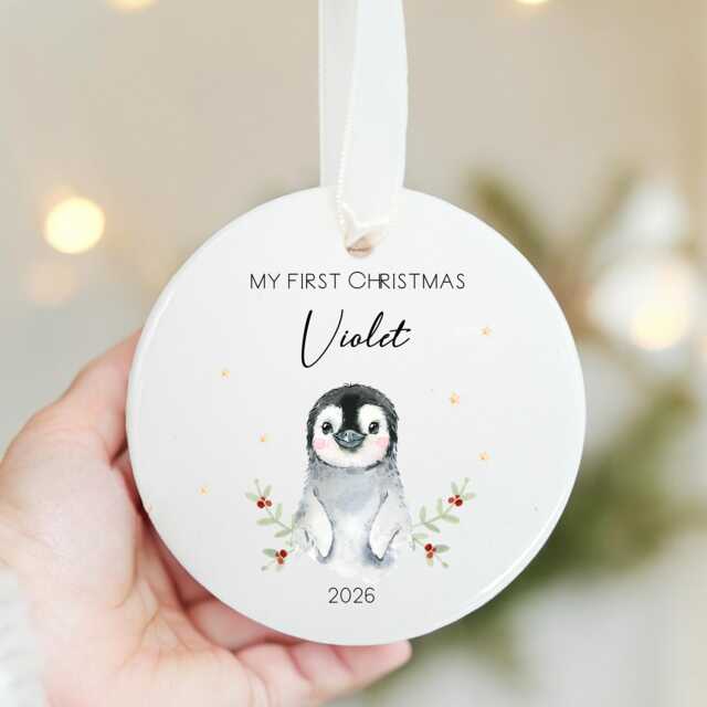 Personalised Baby's First Christmas Ornament - Penguin Ceramic Bauble Custom Newborn Gift 1st Xmas Tree Decoration Any Name Keepsake - image 1