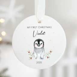 Personalised Baby's First Christmas Ornament - Penguin Ceramic Bauble Custom Newborn Gift 1st Xmas Tree Decoration Any Name Keepsake - thumbnail 3