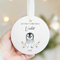 Personalised Baby's First Christmas Ornament - Penguin Ceramic Bauble Custom Newborn Gift 1st Xmas Tree Decoration Any Name Keepsake - thumbnail 1