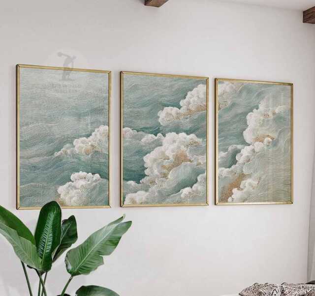 Set Of 3 Coastal Wall Art Prints, Abstract Ocean Wave Posters, Nautical Sea Inspired Home Decor - image 1
