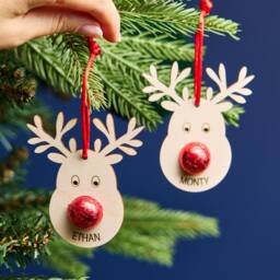 Personalized Reindeer Christmas Ornament - Wooden Name Tag, Chocolate Noses - thumbnail 3