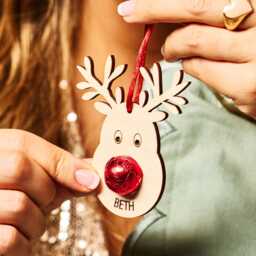 Personalized Reindeer Christmas Ornament - Wooden Name Tag, Chocolate Noses