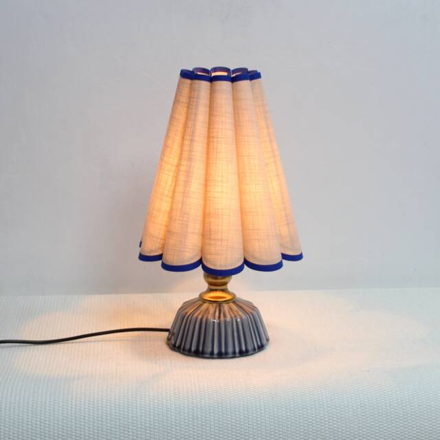 Handmade Khaki Fabric Table Lamp Blue Trim Ceramic Base-75# - image 1