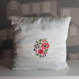 Handmade White Satin Cushion Cover Hand-Painted Flowers - thumbnail 2