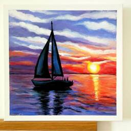 Original Seascape Oil Painting, Sunset Boat Art, Home Decor - thumbnail 2