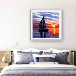Original Seascape Oil Painting, Sunset Boat Art, Home Decor - thumbnail 3