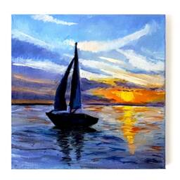Original Seascape Oil Painting, Sunset Boat Art, Home Decor - thumbnail 1