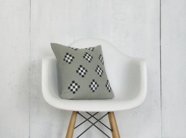 Gray Linen Pillow Cover With Black & White Print/Southwestern Geometric Block Printed Neutral Throw Cushion Bedding Accent - image 1