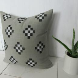 Gray Linen Pillow Cover With Black & White Print/Southwestern Geometric Block Printed Neutral Throw Cushion Bedding Accent - thumbnail 2