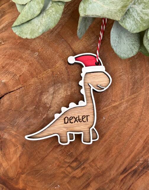 Personalised Dinosaur Christmas Bauble Engraved Wooden Ornament- Tree Bauble- Decoration - image 1