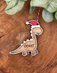 Personalised Dinosaur Christmas Bauble Engraved Wooden Ornament- Tree Bauble- Decoration - thumbnail 1