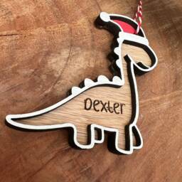 Personalised Dinosaur Christmas Bauble Engraved Wooden Ornament- Tree Bauble- Decoration - thumbnail 2