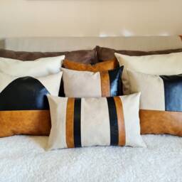 Triangle Faux Leather Pillow Cover Camel Beige Linen, Scandinavian Home Decor - thumbnail 4