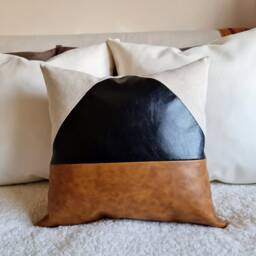 Triangle Faux Leather Pillow Cover Camel Beige Linen, Scandinavian Home Decor - thumbnail 3