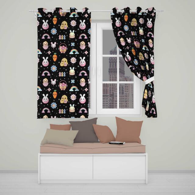 Easter Chick Bunny Macaron Carrot Rainbow Seamless Pattern Black Background Readymade Eyelet Ring Top Thermal 100% Blackout Curtains - image 1