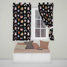 Easter Chick Bunny Macaron Carrot Rainbow Seamless Pattern Black Background Readymade Eyelet Ring Top Thermal 100% Blackout Curtains