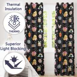 Easter Chick Bunny Macaron Carrot Rainbow Seamless Pattern Black Background Readymade Eyelet Ring Top Thermal 100% Blackout Curtains - thumbnail 3