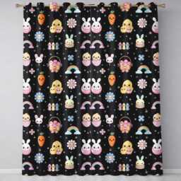 Easter Chick Bunny Macaron Carrot Rainbow Seamless Pattern Black Background Readymade Eyelet Ring Top Thermal 100% Blackout Curtains - thumbnail 2