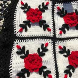 Crocheted Red Rose Afghan Cottage Style Throw Blanket With Black Trim - thumbnail 3