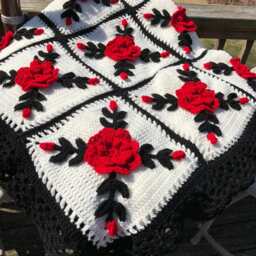 Crocheted Red Rose Afghan Cottage Style Throw Blanket With Black Trim - thumbnail 4