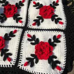 Crocheted Red Rose Afghan Cottage Style Throw Blanket With Black Trim - thumbnail 2