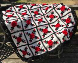 Crocheted Red Rose Afghan Cottage Style Throw Blanket With Black Trim