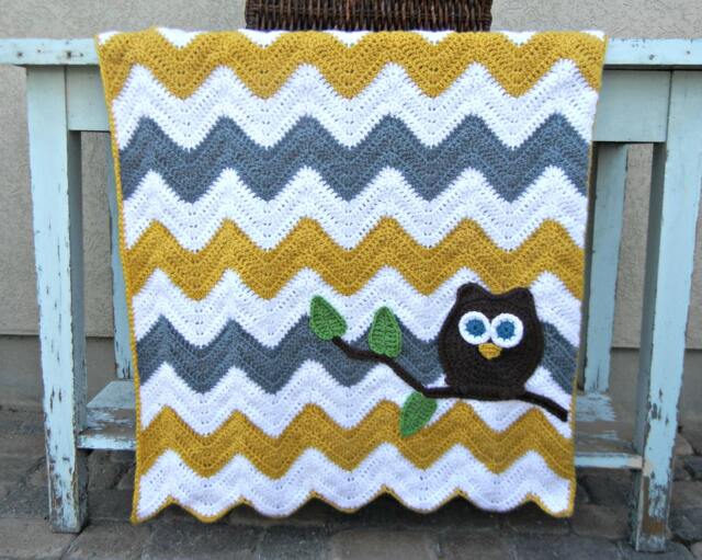 Owl Chevron Baby Blanket Gray Mustard Yellow Shower Gift - image 1