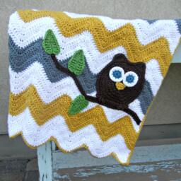 Owl Chevron Baby Blanket Gray Mustard Yellow Shower Gift - thumbnail 3