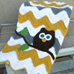 Owl Chevron Baby Blanket Gray Mustard Yellow Shower Gift - thumbnail 2
